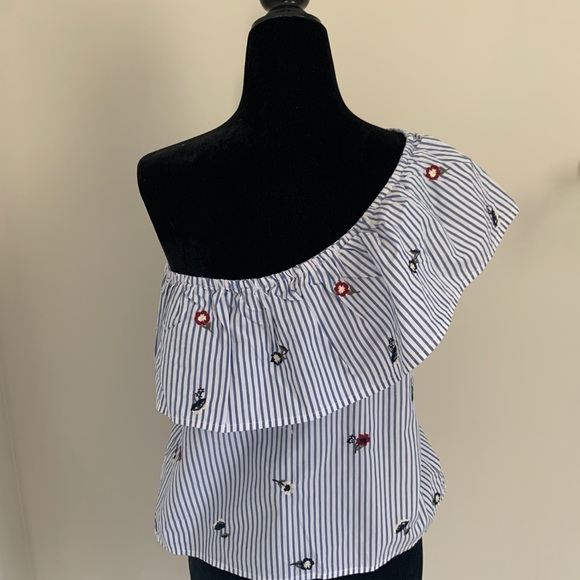 Blue and White Striped One Shoulder Top - Picture 3 of 3